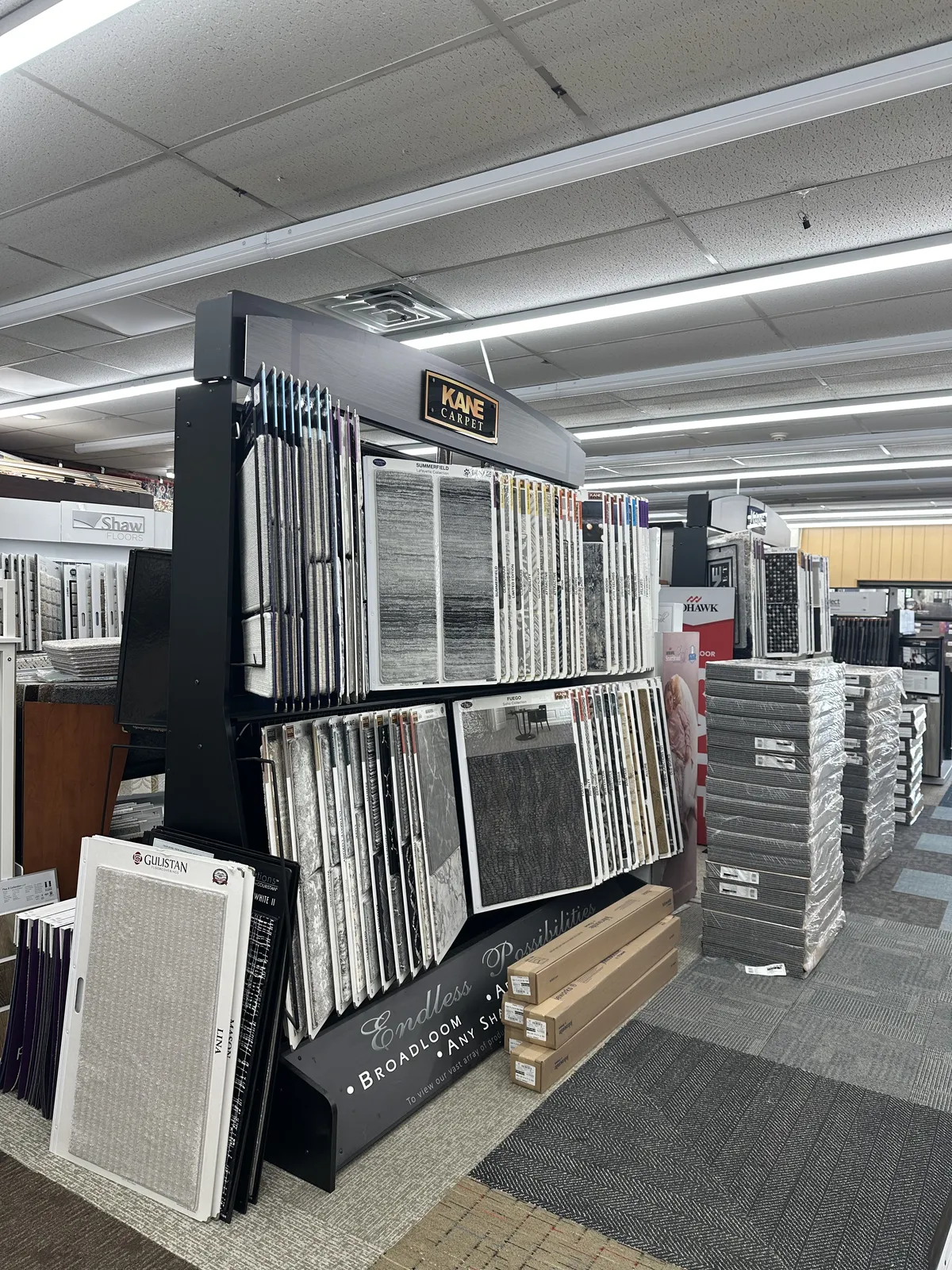 Flooring displays at the AZ Carpet & Flooring showroom in Spring Valley, NY
