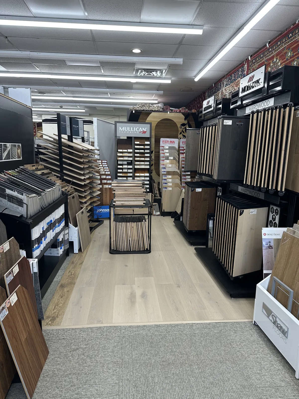 Flooring displays at the AZ Carpet & Flooring showroom in Spring Valley, NY